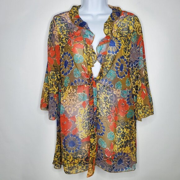 Cabi Womens Floral Abstract Sheer Ruffle Tie Front Blouse Size M Art To Wear - Picture 1 of 10